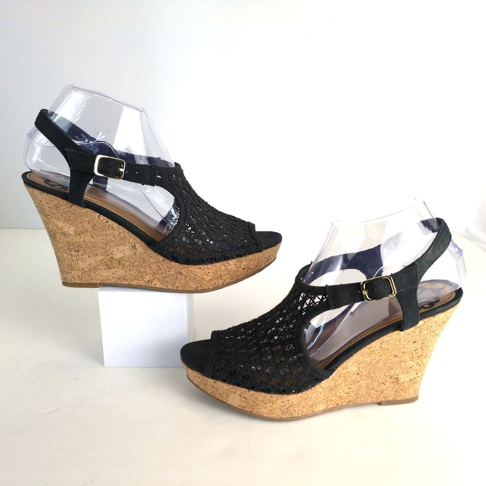 Fergalicious By Fergie Koreene Black Crochet Cork Wedge 4" Heel Women's 8 Sandal